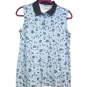 LANDS' END sleeveless floral/striped blue and white polo. Size medium